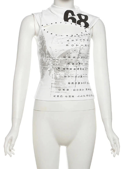 Hollow out letter print tank top with cropped length and regular fit, made from a polyester and spandex blend.