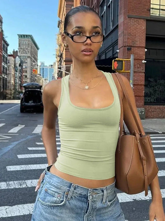 Elegant square collar sleeveless bodycon crop tank top in a high-stretch polyester and spandex blend.