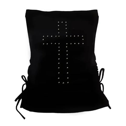 Geometric corset crop top with rhinestone accents in midnight black, made from a polyester and spandex blend.