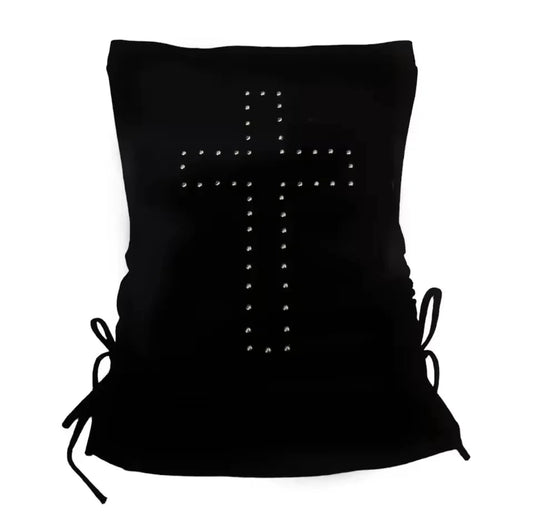 Geometric corset crop top with rhinestone accents in midnight black, made from a polyester and spandex blend.