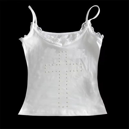 Geometric corset crop top with rhinestone accents in pure white, made from a polyester and spandex blend.