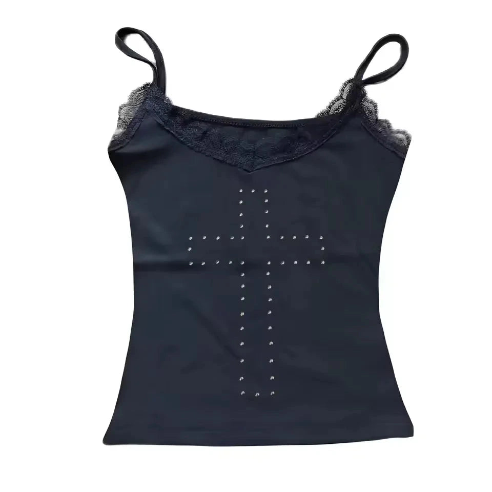 Geometric corset crop top with rhinestone accents in midnight black, featuring medium stretch and regular length.