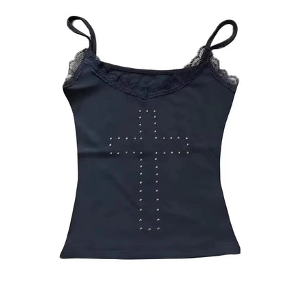 Geometric corset crop top with rhinestone accents in midnight black, featuring medium stretch and regular length.