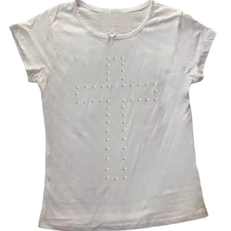 Geometric corset crop top with rhinestone accents in pearl white, featuring medium stretch and regular length.