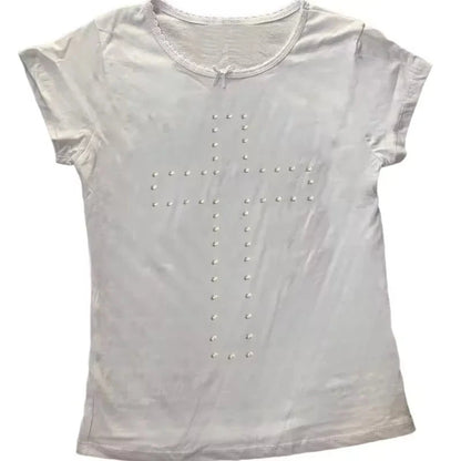 Geometric corset crop top with rhinestone accents in pearl white, featuring medium stretch and regular length.