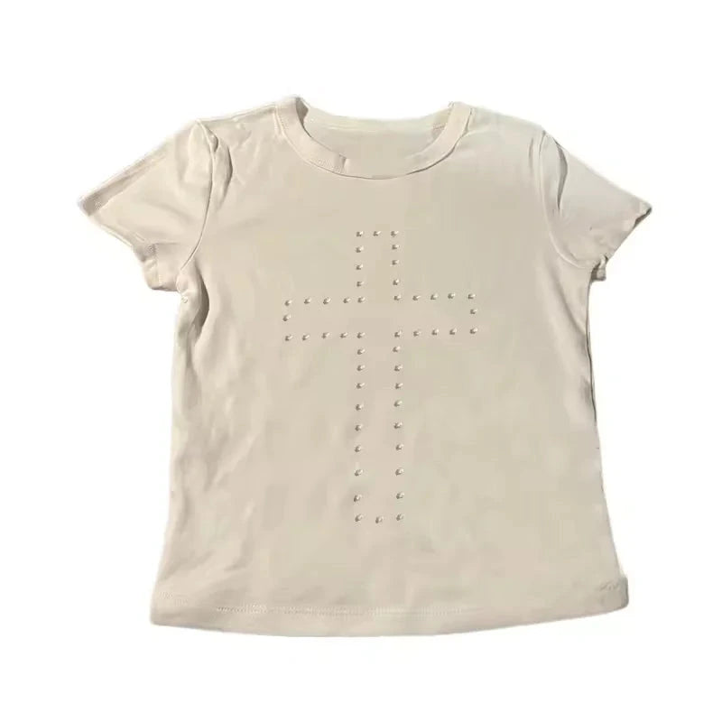 Geometric corset crop top in light beige with rhinestone accents and medium stretch. Ideal for casual wear.