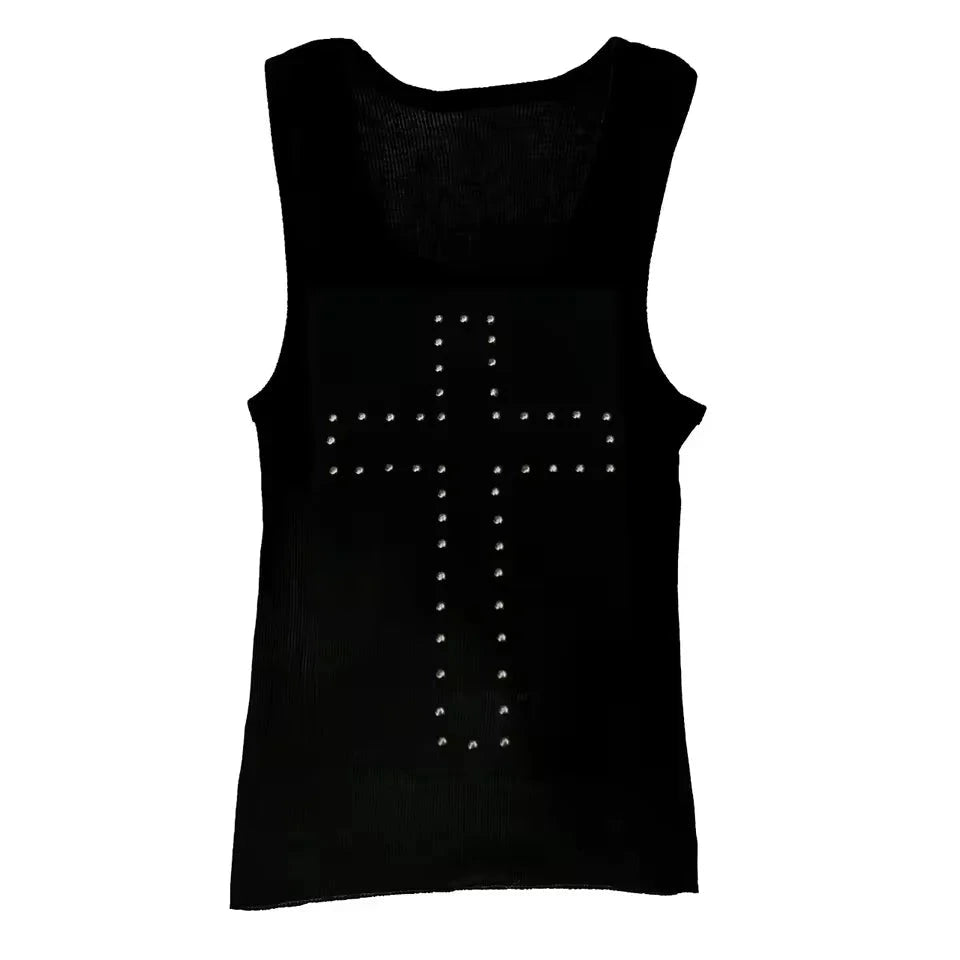 Geometric corset crop top with rhinestone accents in midnight black, featuring medium stretch and regular length.