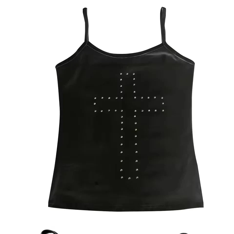 Geometric corset crop top with rhinestone accents in midnight black, made from a polyester and spandex blend.