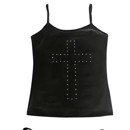 Geometric corset crop top with rhinestone accents in midnight black, made from a polyester and spandex blend.