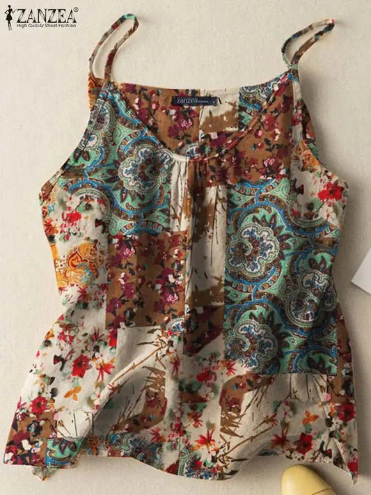 Floral printed sleeveless cotton camisole top with a relaxed fit and O-neck design. Ideal for casual wear.