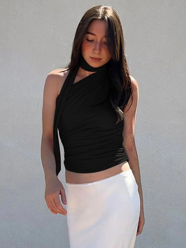 Vintage off-shoulder halter tank top in elegant design with cropped length and sleeveless style.