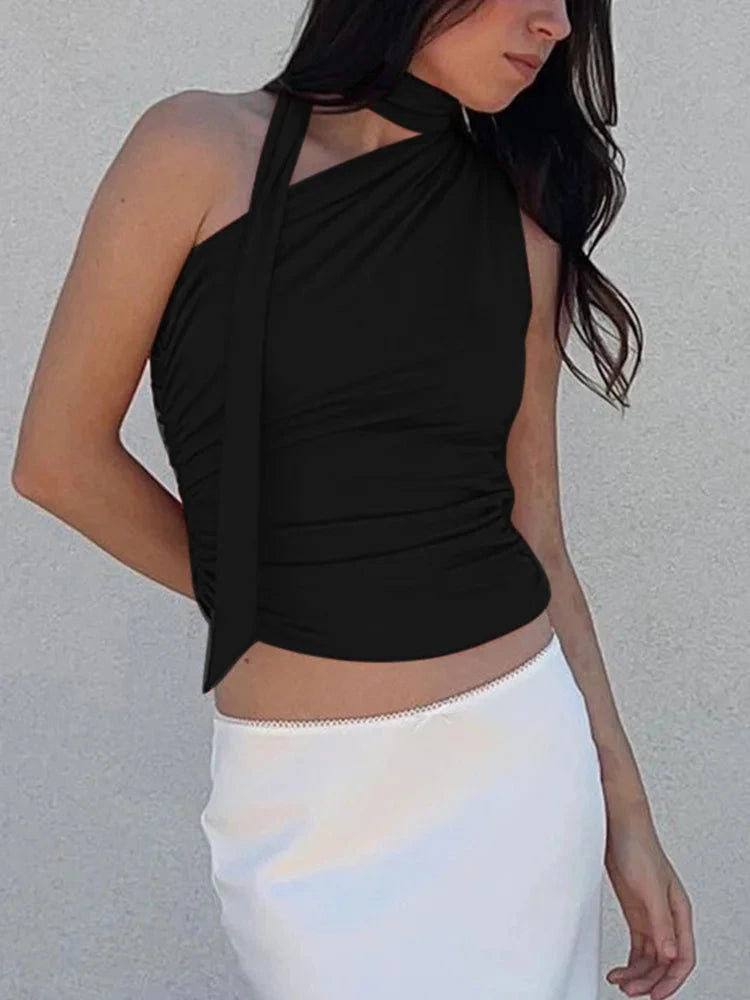 Vintage off-shoulder halter tank top in classic black with cropped length and sleeveless design.