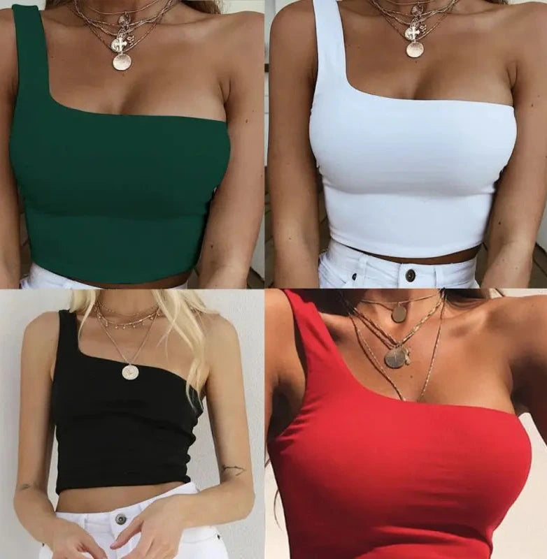 One shoulder sleeveless crop top made from a polyester and spandex blend, designed for a flattering fit.