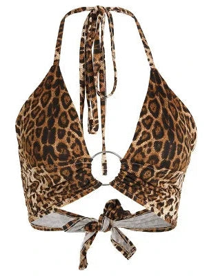 Leopard print halter crop top with backless design and metallic ring detail, made from lightweight polyester fabric.