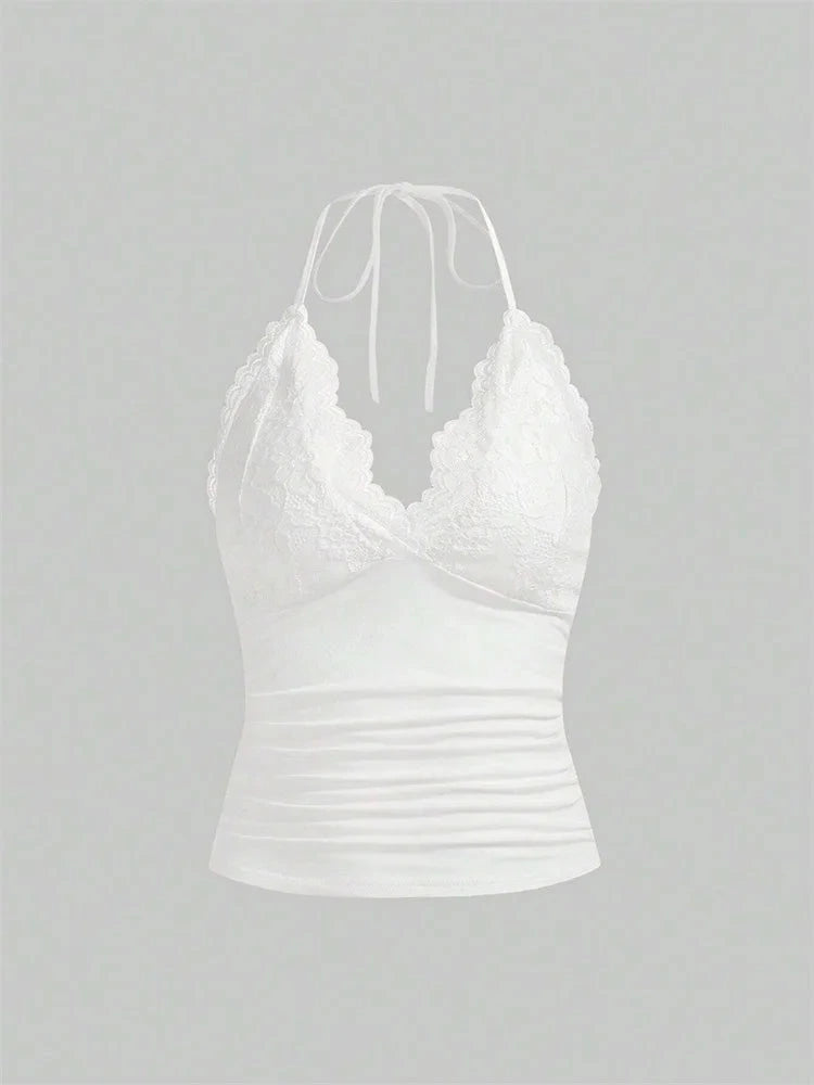 Black lace patchwork halter top with ruched back and sleeveless design, made from a polyester blend.