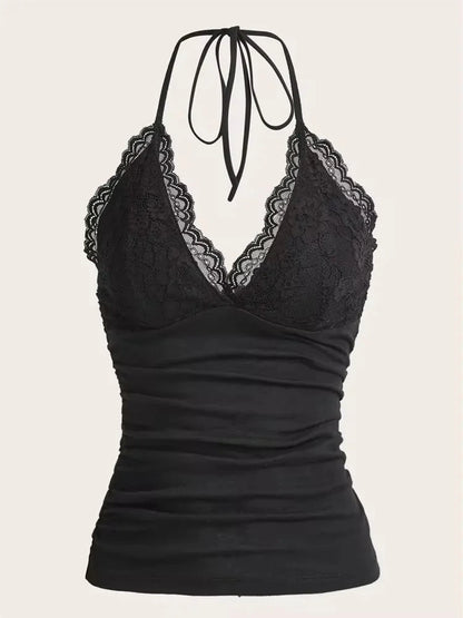 Black lace patchwork halter top with ruched back and sleeveless design, made from a polyester blend.