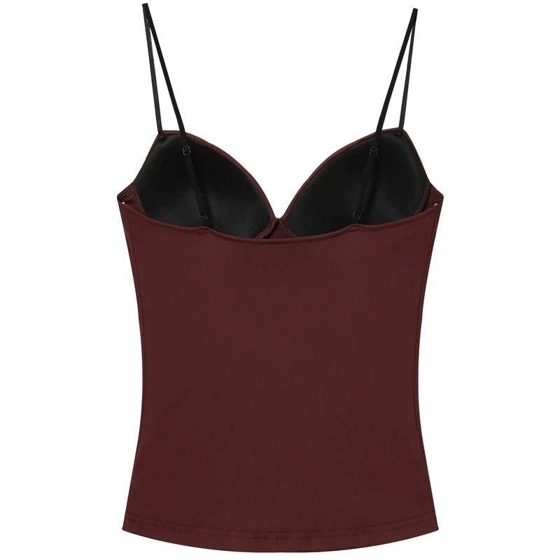 Burgundy backless camisole with elegant corset detailing in a flattering silhouette, made from a high stretch polyester blend
