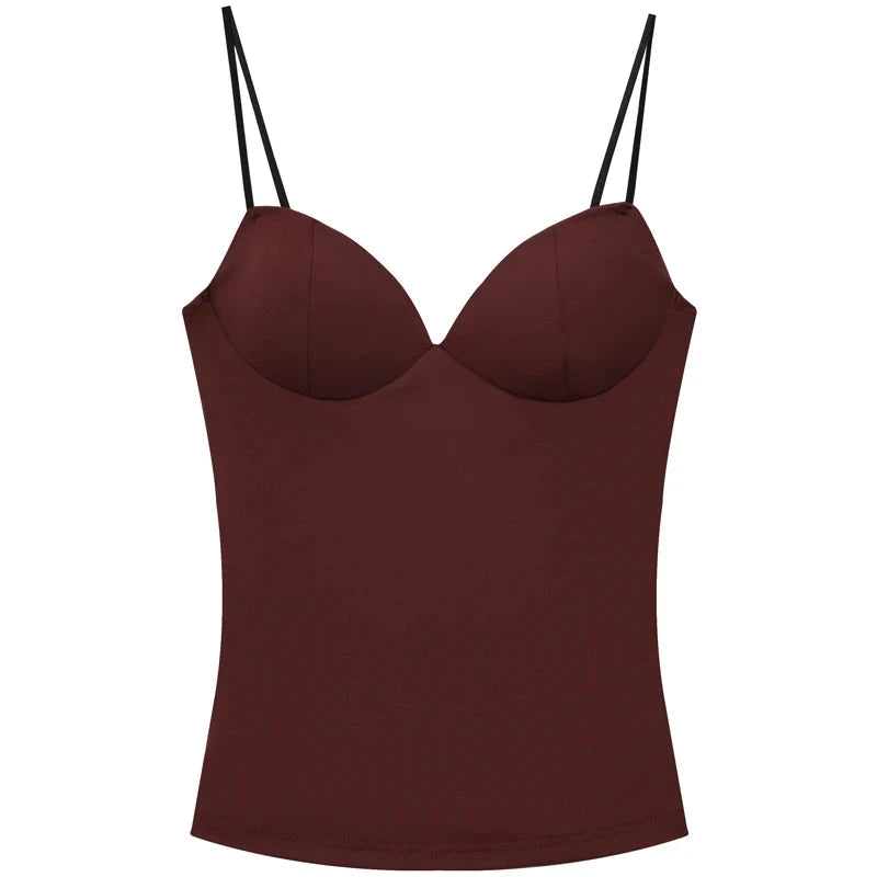 Burgundy backless camisole with elegant corset detailing in a high stretch polyester blend. Ideal for evening wear.