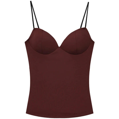 Burgundy backless camisole with elegant corset detailing in a high stretch polyester blend. Ideal for evening wear.