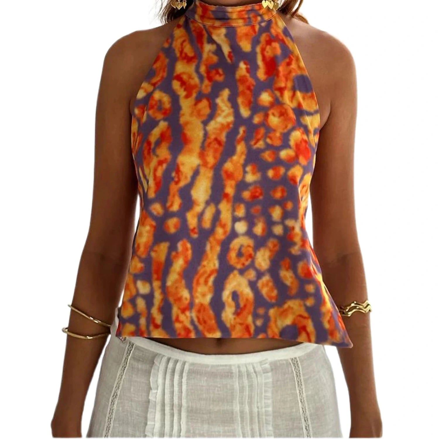 Elegant sleeveless halter top with polka dot print in a cotton polyester blend. Regular length with slight stretch.