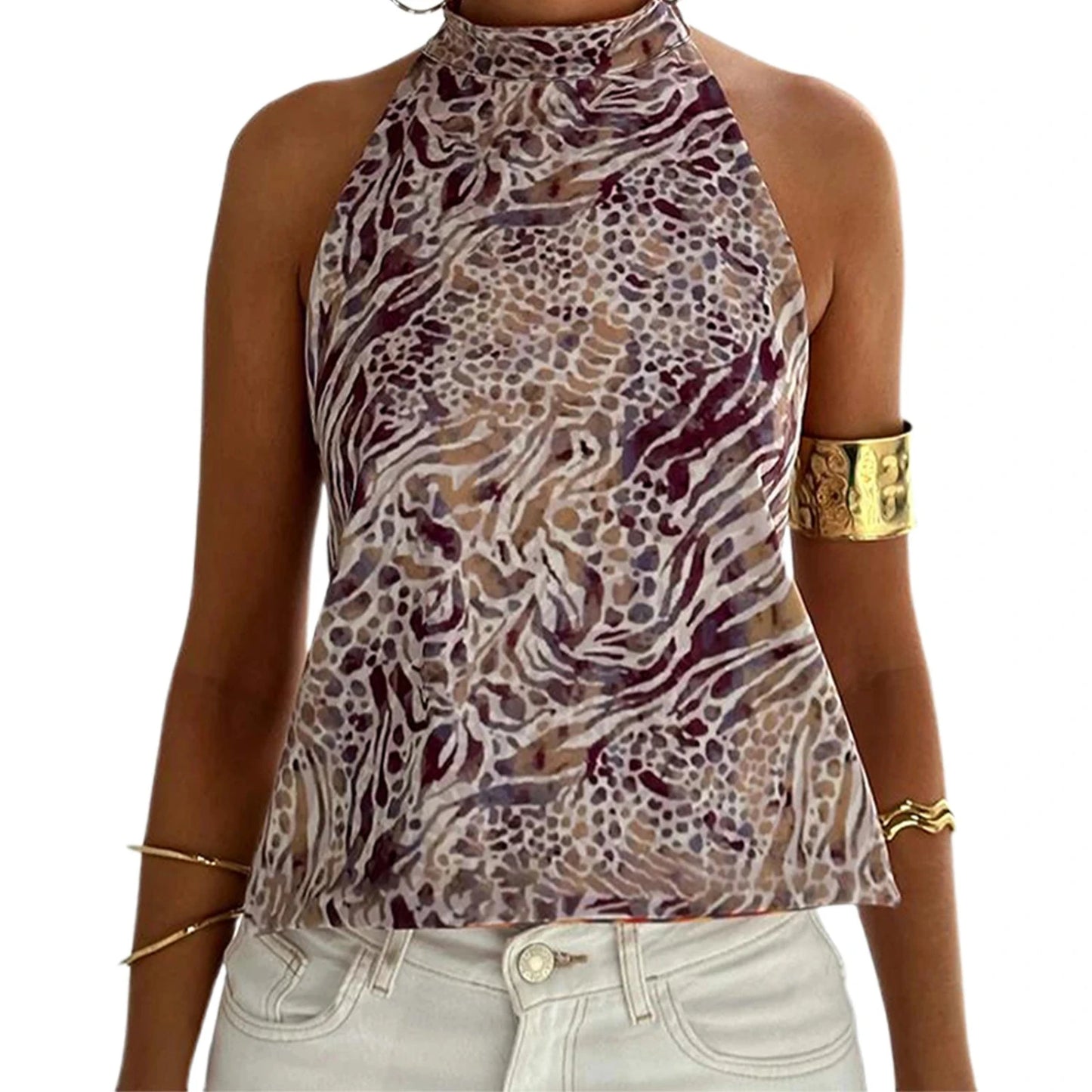 Elegant sleeveless halter top with polka dot print in a cotton polyester blend, perfect for casual outings and parties.