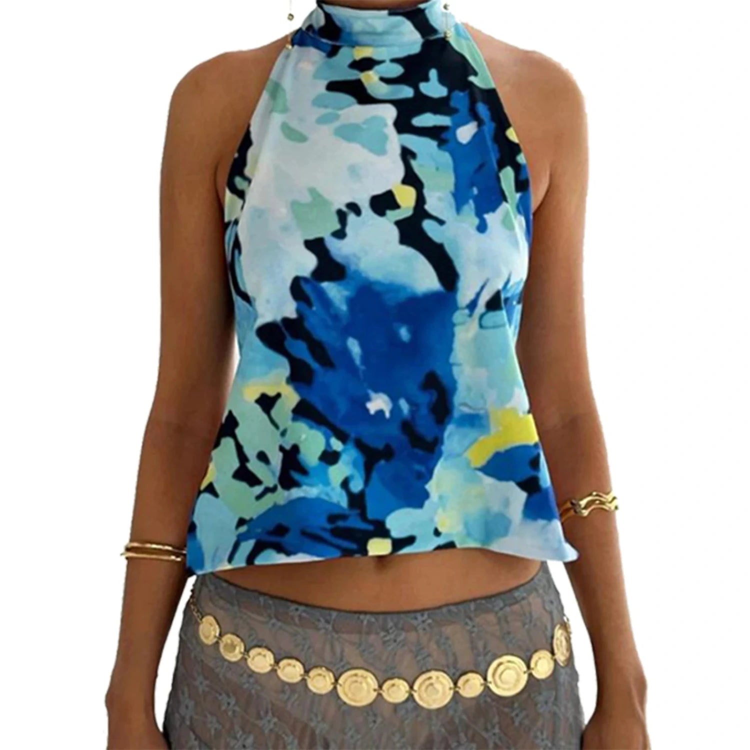 Elegant sleeveless halter top with polka dot print in a cotton polyester blend, perfect for casual outings and parties.