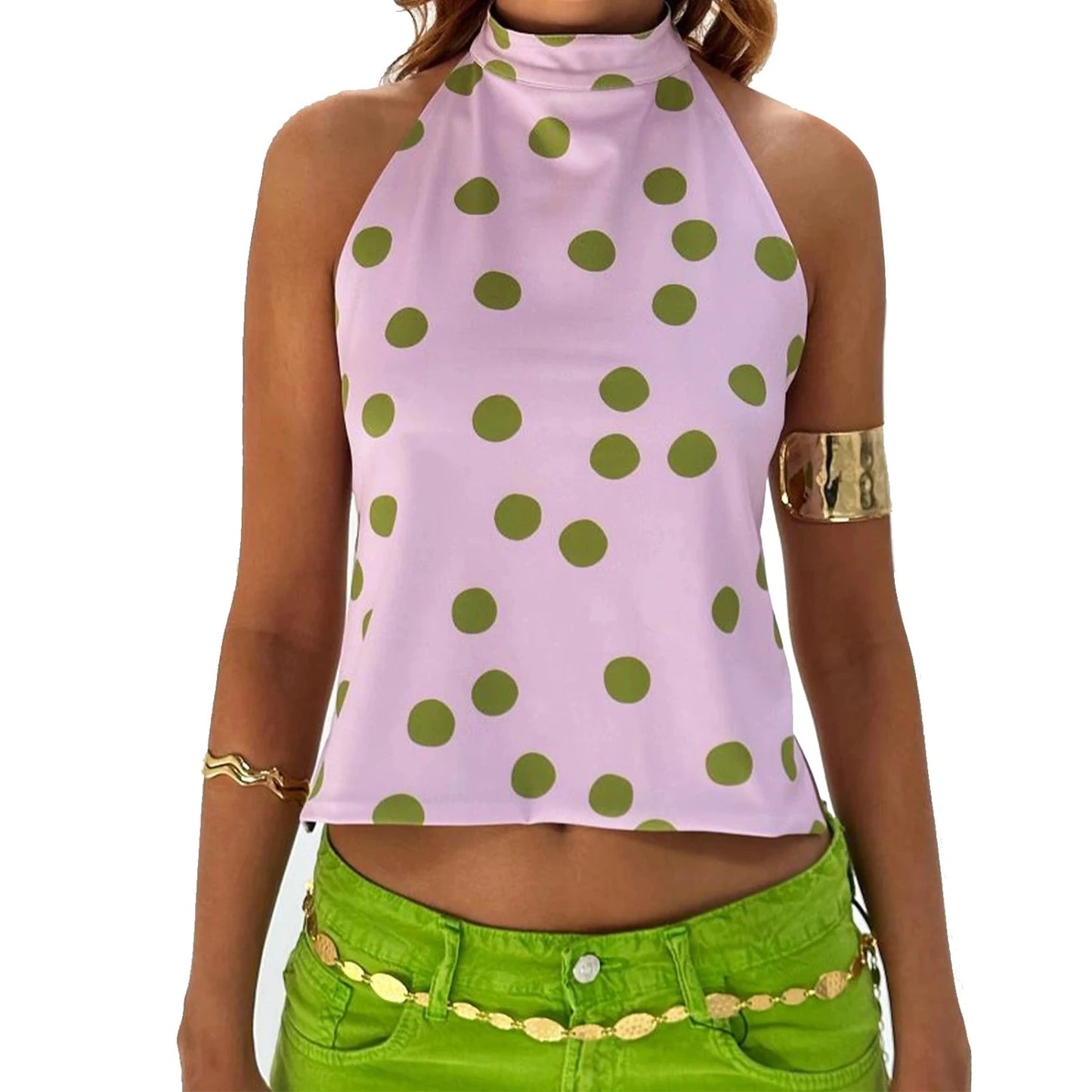 Elegant sleeveless halter top with polka dot print in a cotton polyester blend. Regular length with slight stretch.