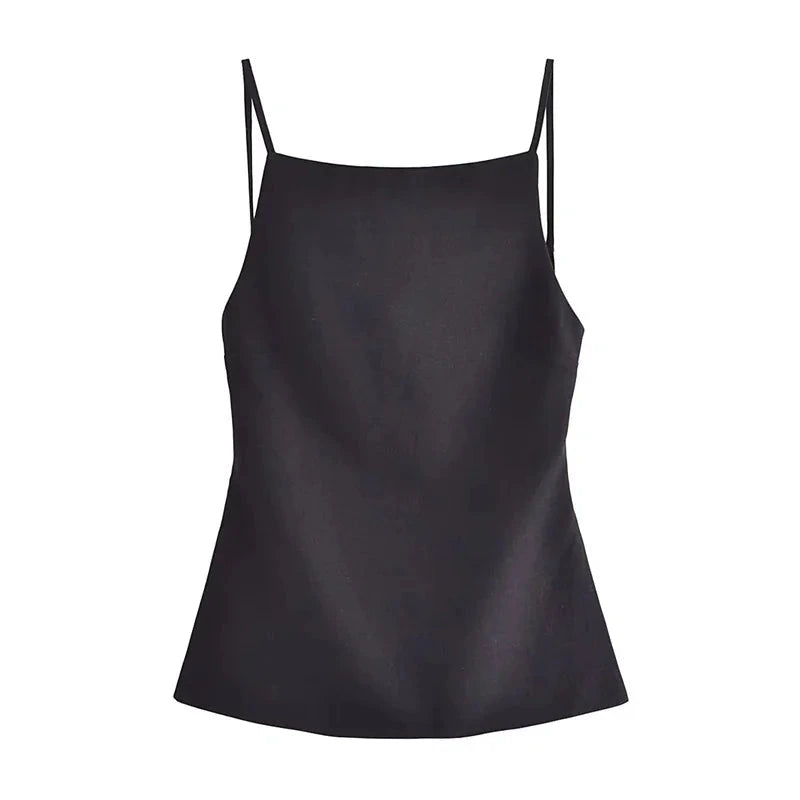 Elegant backless crop top in classic black with delicate straps and lightweight polyester fabric.