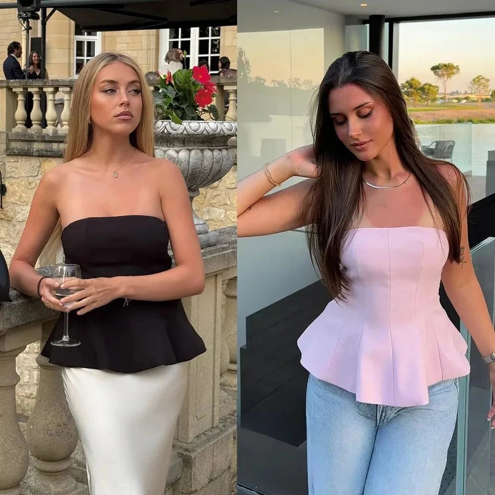 Butter yellow ruffled cami top with a strapless silhouette and short length, made from lightweight polyester.