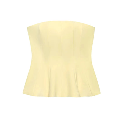 Butter yellow ruffled cami top with a strapless silhouette and lightweight polyester fabric.