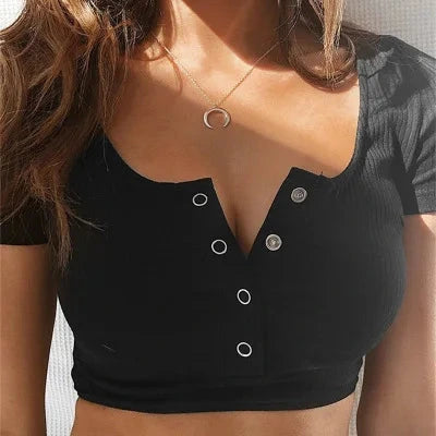 Elegant short sleeve crop top in classic black, made from a soft polyester and spandex blend with high stretch.