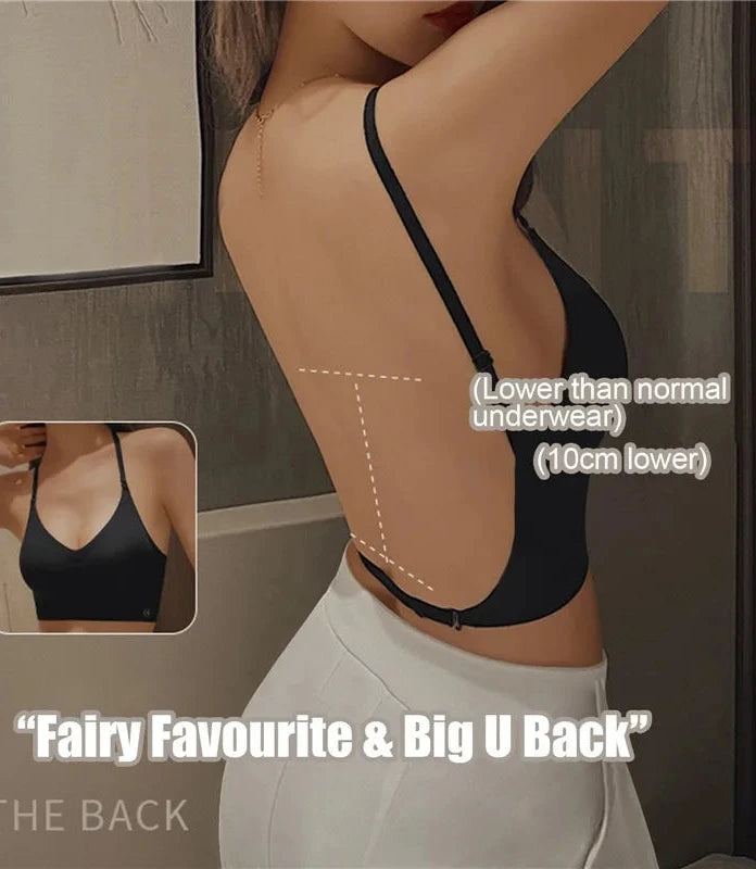 Backless invisible push-up bra with adjustable straps and seamless design for a smooth silhouette under low-cut tops.
