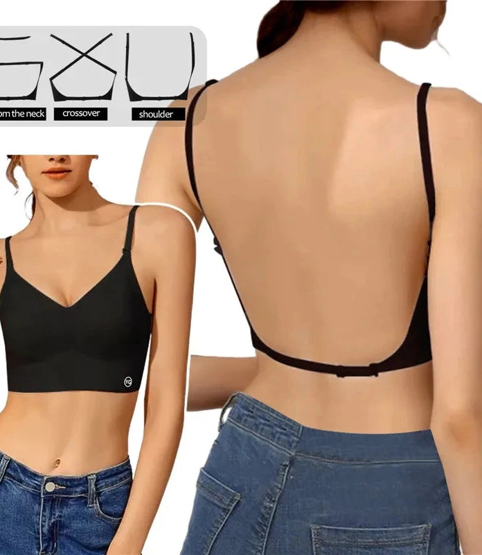 Backless invisible push-up bra in classic black with adjustable straps and seamless design for low-cut tops.