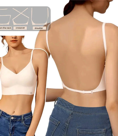 Backless invisible push-up bra in cream beige with adjustable straps and seamless design for low-cut tops.