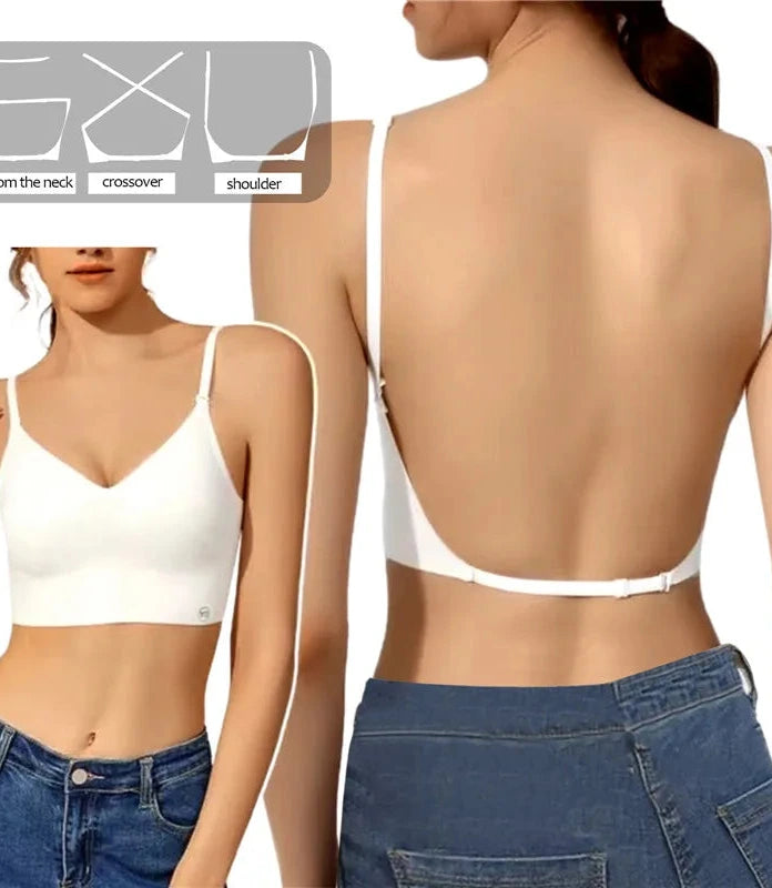 Backless invisible push-up bra in bright white with adjustable straps and seamless design for low-cut tops.