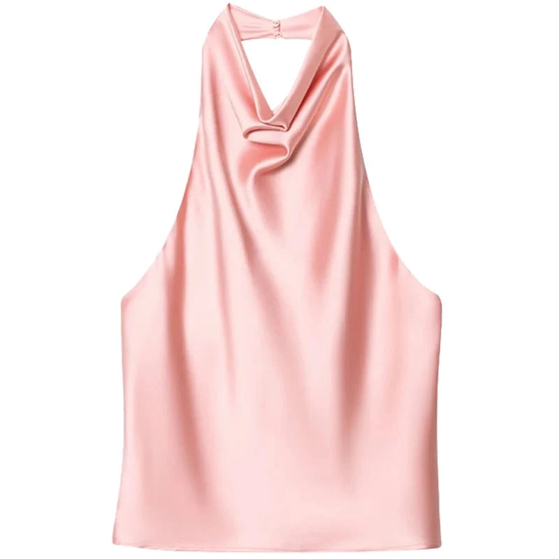 Satin halter top with backless design in black and yellow, featuring sleeveless silhouette and slight stretch.