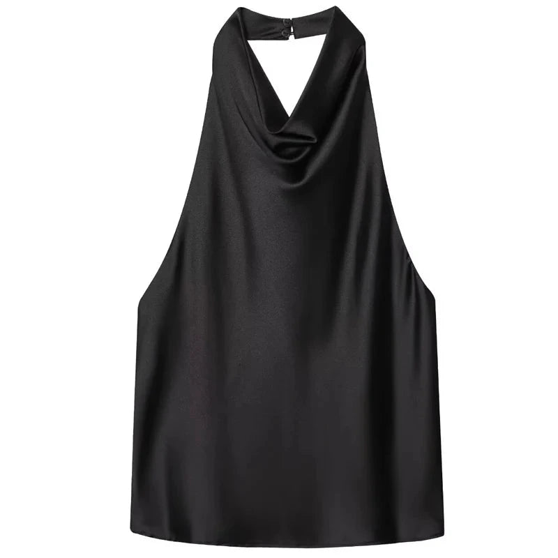 Black satin halter top with backless design, sleeveless silhouette, and slight stretch. Ideal for casual and beachwear.