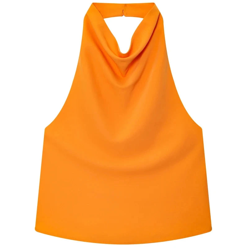 Satin halter top with backless design in black and yellow, featuring a short length and slight stretch.