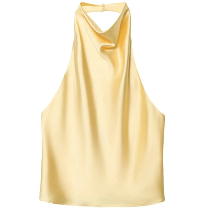 Satin halter top with backless design in black and pale yellow, featuring sleeveless silhouette and slight stretch.