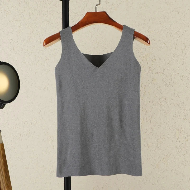 Steel gray refined backless padded V-neck tank top made from a nylon and viscose blend, featuring medium stretch.