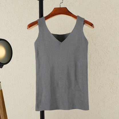 Steel gray refined backless padded V-neck tank top made from a nylon and viscose blend, featuring medium stretch.