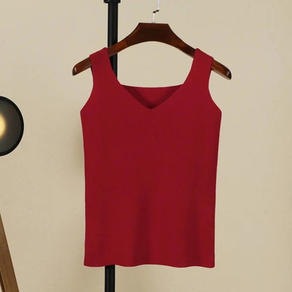 Crimson red backless padded V-neck tank top made from a nylon and viscose blend, featuring medium stretch and regular length.