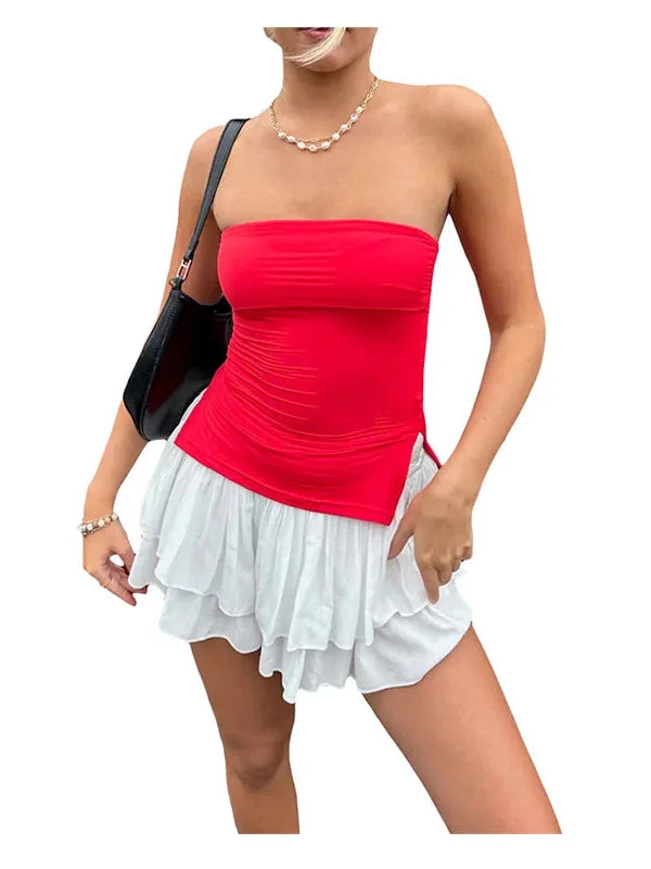 Bright red off-shoulder bandeau top made from a cotton and polyester blend with high elasticity.