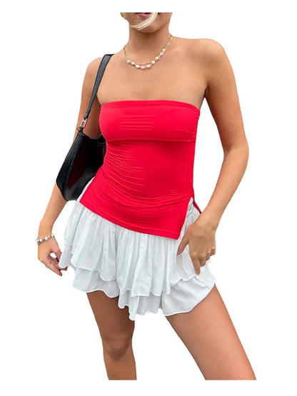 Bright red off-shoulder bandeau top made from a cotton and polyester blend with high elasticity.