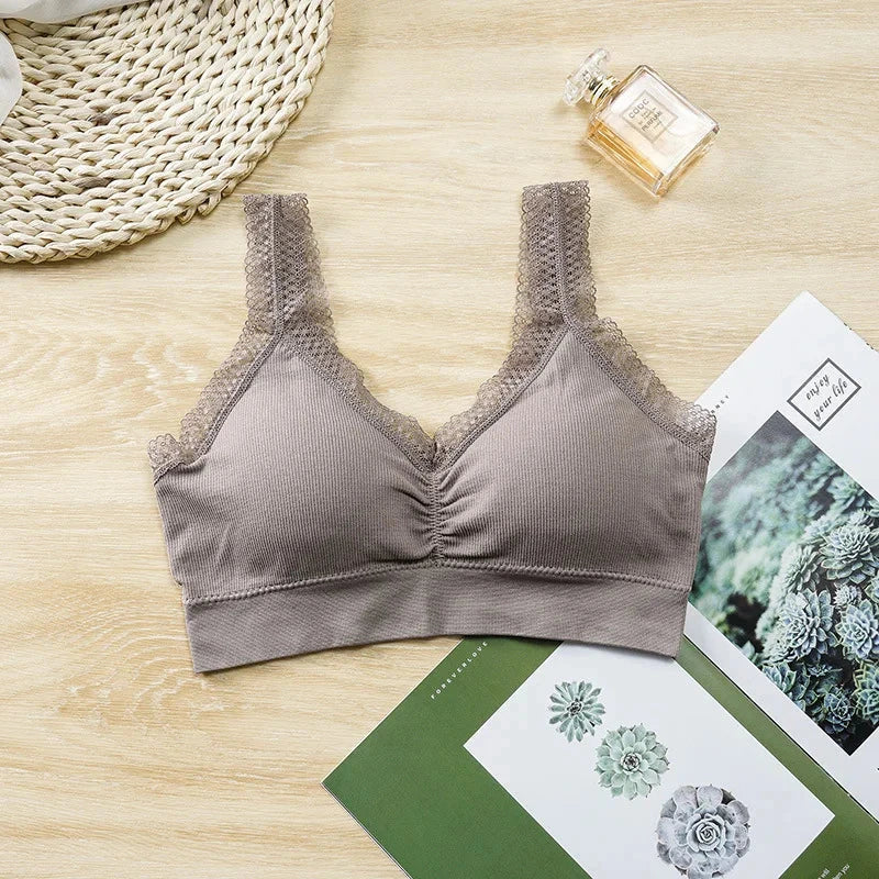 Lace-trimmed cotton bandeau top in mushroom brown with an elegant back design. Ideal for layering or standalone wear.