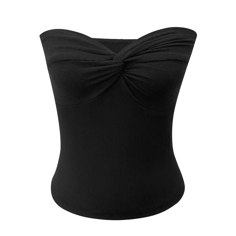 Vintage-inspired strapless knitted bandeau top with a corset silhouette and breathable fabric. Ideal for casual wear.