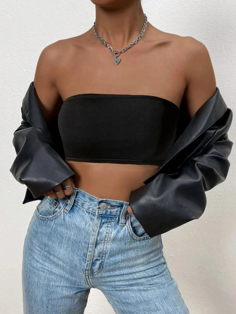 Solid color semi-sheer yoga bandeau crop top made from a polyester and spandex blend, featuring a minimalist design.