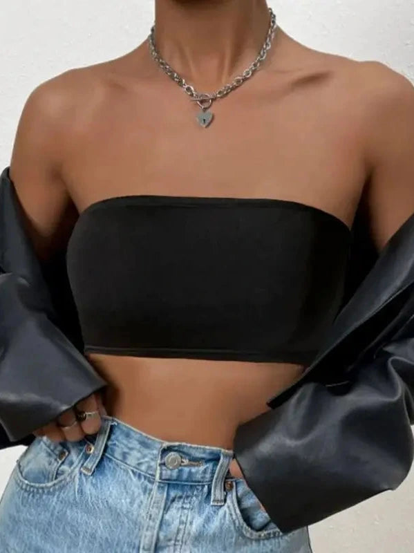 Black solid color semi-sheer yoga bandeau crop top made from a polyester and spandex blend.