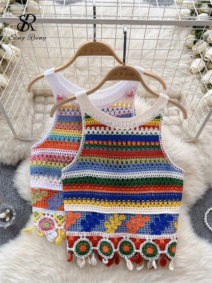 Bohemian rainbow knit tank top with hollow out detail and medium stretch, perfect for casual summer outings.