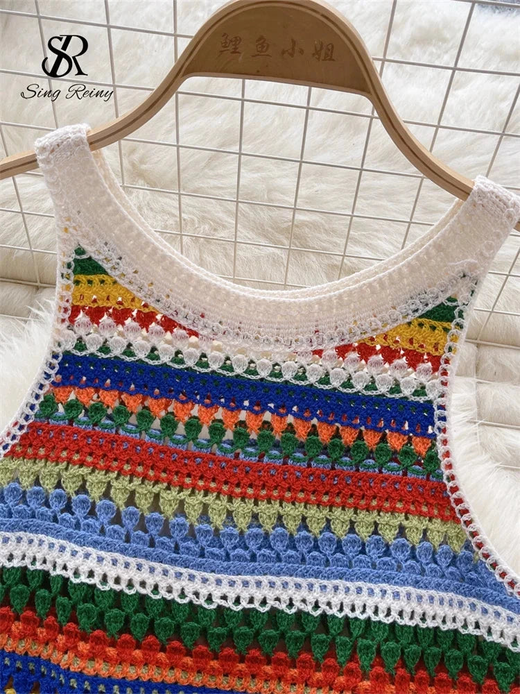 Bohemian rainbow knit tank top with hollow out detail and relaxed fit, suitable for beachwear or casual outings.